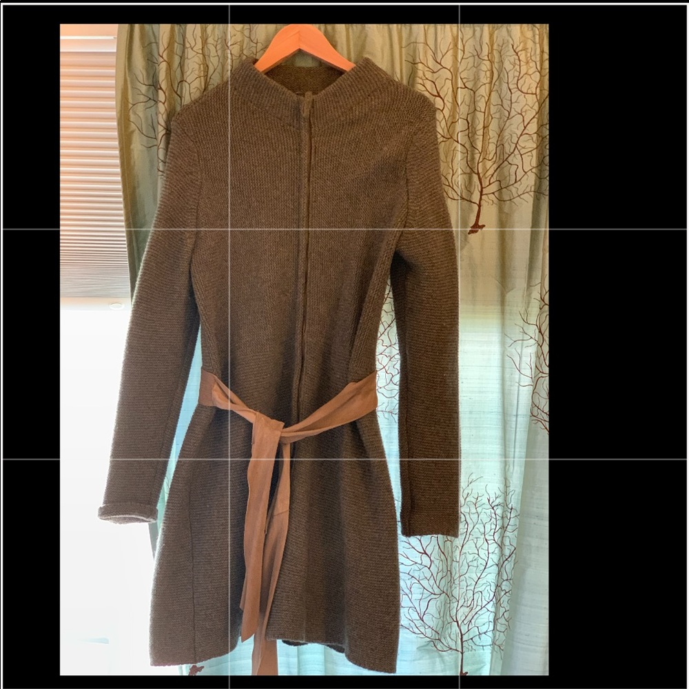 100% CASHMERE SUEDE-BELTED SWEATER COAT GRAY SMALL